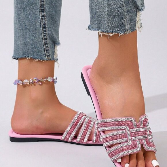 Pink Glamorous Women's Crystal Embellished Luxury Flat Slide Sandals - Picture 4 of 5